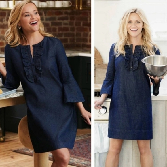 Draper James Chambray Ruffle Bell Sleeves Shift Dress - Picture 1 of 9